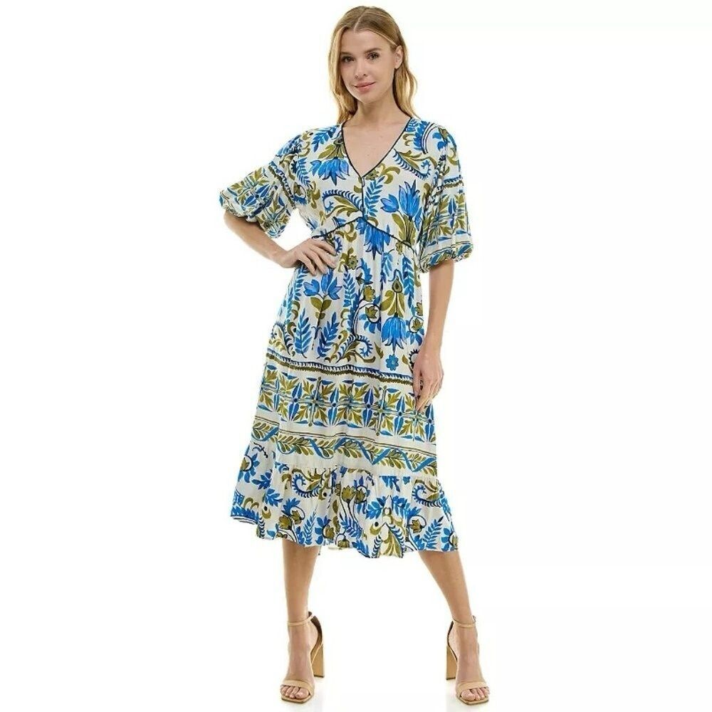 Fig + Flower Tiered Linen Blend Floral Plus Midi Dress | 3X